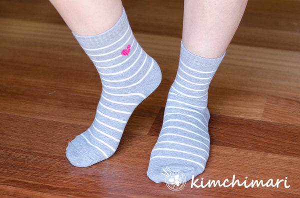 Korean Cotton Quarter Socks - Grey with White Stripes and Heart