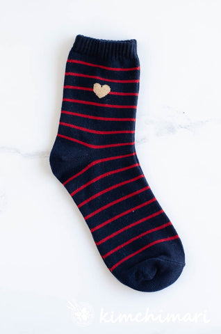 Korean Cotton Quarter Socks - NAVY BLUE with RED STRIPES and GOLD Heart