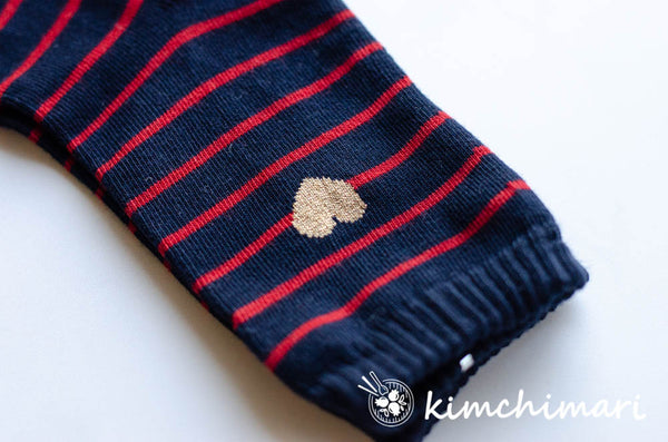 Korean Cotton Quarter Socks - NAVY BLUE with RED STRIPES and GOLD Heart