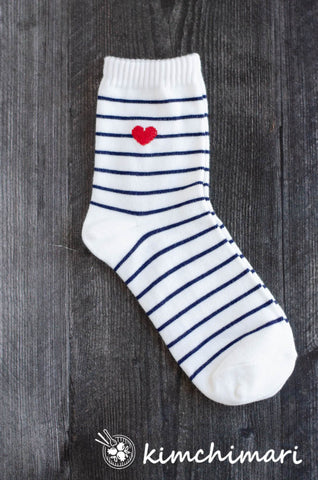 Korean Cotton Quarter Socks - White Stripes with Heart