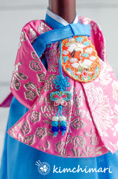 Winecover - Korean Traditional Hanbok Dress BLUE Silver Jacquard PINK