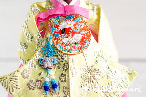 Winecover - Korean Traditional Hanbok Dress PINK Skirt YELLOW Silver Jacquard